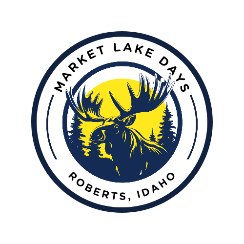 a circle with a moose and trees infront of a yellow sun that and the words Market Lake Day