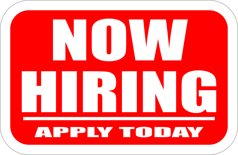 red sign says "now hiring"