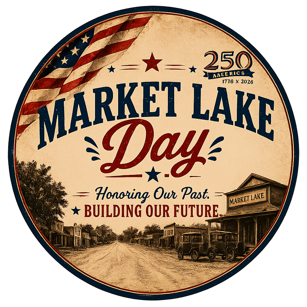 The image is a circular commemorative logo for Market Lake Day, celebrating America’s 250th anniversary (1776–2026). The logo has a vintage, weathered appearance with a cream-colored background and a red and blue border. An American flag drapes across the