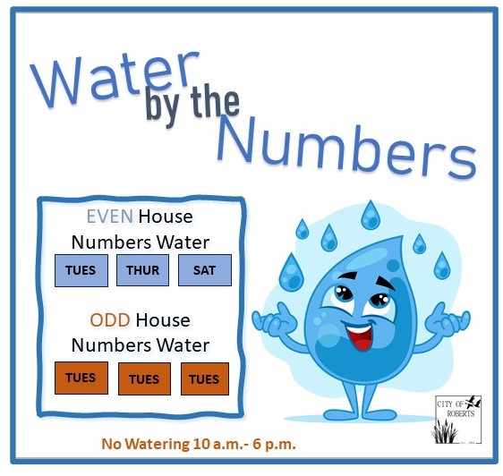 smiling cartoon water droplet with watering days by house address